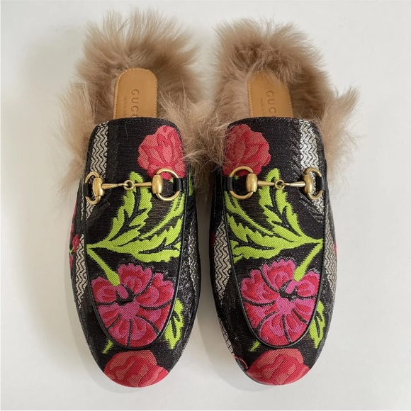 Gucci Princetown Brocade Fur Trim Floral Mule Size 36 Black Anthracite Loafers - Picture 3 of 9